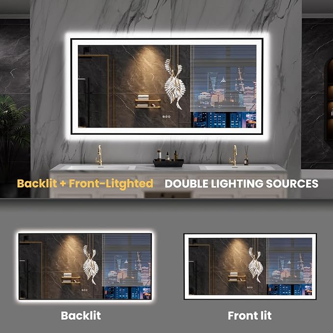 LOAAO 72"X36" LED Bathroom Mirror Black Framed | Anti-Fog, Dimmable, Memory Function, Tempered Glass, Lighted Vanity Mirror for Wall