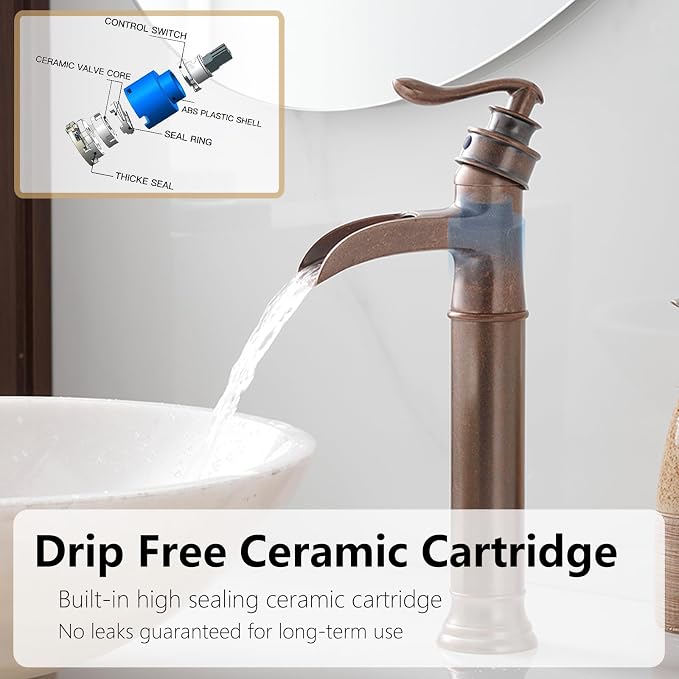 Copper Vessel Sink Faucet Tall Brass Waterfall Faucet for Vessel Sink | Bathroom Faucets Farmhouse Single Hole Single Handle Vanity Lavatory Without Overflow Pop Up Drain for Washroom by BATHLAVISH
