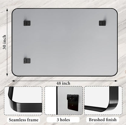 48X30 Inch Black Metal Framed Bathroom Mirror for Wall, Matte Framed Rounded Rectangular Modern Mirrors for Over Sink, Anti-Rust, HD Tempered Glass, Farmhouse, Hangs Horizontally or Vertically