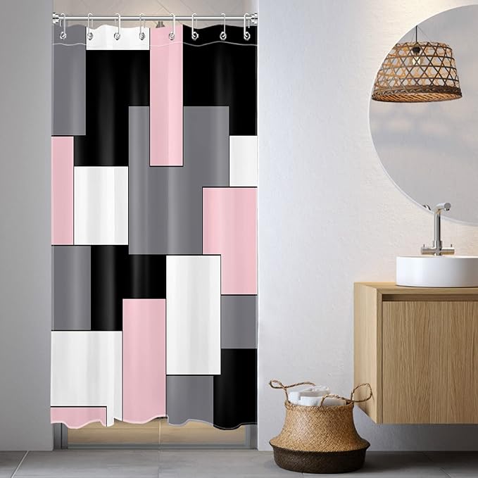 HVEST Modern Pink Shower Curtain with Hooks, Grey Black and White Abstract Geometric Shower Curtain for Bathroom, Mid Century Minimalist Shower Curtain Set Bathroom Decor Curtains, 48x72 inch