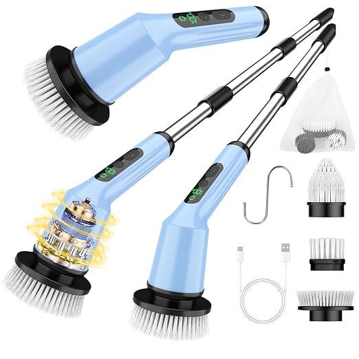 Electric Spin Scrubber for Bathroom, Shower Scrubber with Long Handle | Shower Cleaner Brushes, IPX7 Waterproof & 2 Speed, 3 Brush Heads, 90min Runtime, Bathroom Cleaning Supplies for Toilet Tub