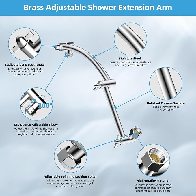Hibbent All Metal 8'' Rain Shower Head with 16'' Extension Arm, Chrome | cUPC Certified High Pressure Rainfall Showerhead with Solid Brass Adjustable Shower Head Extension Arm, Fixed Showerheads