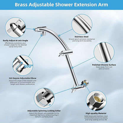 Hibbent All Metal 8'' Rain Shower Head with 16'' Extension Arm, Chrome | cUPC Certified High Pressure Rainfall Showerhead with Solid Brass Adjustable Shower Head Extension Arm, Fixed Showerheads