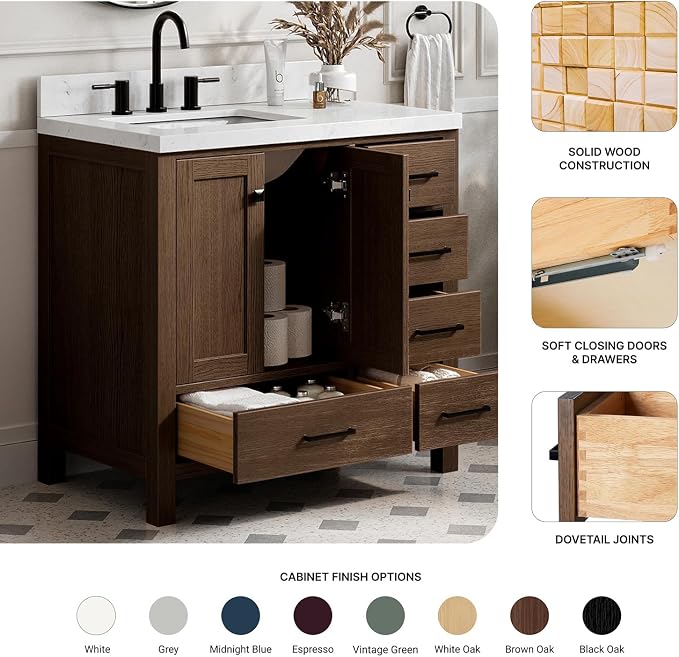 ARIEL Cambridge 36-inch Bathroom Vanity Base Cabinet,Solid Wood, 2 Soft Closing Doors, 5 Dovetail Drawers, Brown Oak