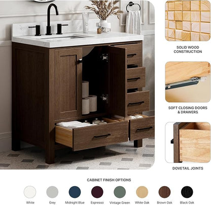 ARIEL Cambridge 36-inch Bathroom Vanity Base Cabinet,Solid Wood, 2 Soft Closing Doors, 5 Dovetail Drawers, Brown Oak
