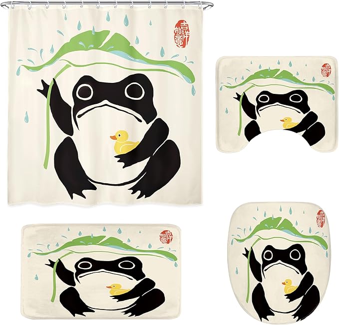 LGhtyro 4PCS Funny Frog 71Wx71H Inches Duck Traditional Japanese Leaf Rain Shower Curtain Sets with Rugs,Toilet Lid Cover and Bath Mat,Lovely Bath Accessories Art Home Decor Fabric 12 Pack Hooks