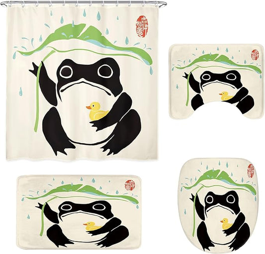 LGhtyro 4PCS Funny Frog 71Wx71H Inches Duck Traditional Japanese Leaf Rain Shower Curtain Sets with Rugs,Toilet Lid Cover and Bath Mat,Lovely Bath Accessories Art Home Decor Fabric 12 Pack Hooks