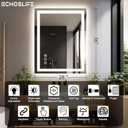 EchosLife 28"x36" LED Bathroom Mirrors for Wall | Backlit + Front Lit, Anti-Fog, Stepless Dimmable, 3 Colors, Memory, Tempered Glass, UL Listed, Horizontal/Vertical