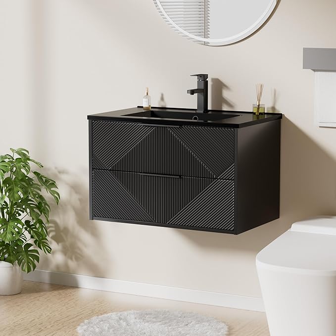 LUCKWIND 30" Floating Bathroom Vanity with Black Sink Combo, Wall Mounted Floating Cabinet with 2 Large Soft-Close Drawers & Water Saving Faucet, Geometric Textured Design in Black
