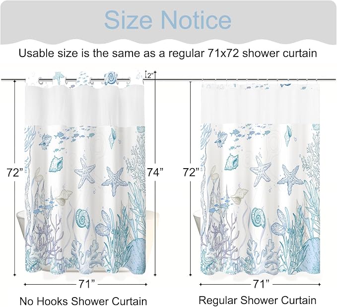 No Hook Shower Curtain and Liner Set for Bathroom, Blue Beach Coastal 71x74 | Nautical Ocean Design, with Snap in Liner Replacement, Mesh Top Window, Waterproof, Machine Washable, Quick-Drying