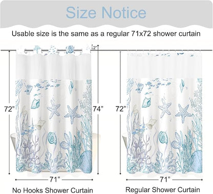 No Hook Shower Curtain and Liner Set for Bathroom, Blue Beach Coastal 71x74 | Nautical Ocean Design, with Snap in Liner Replacement, Mesh Top Window, Waterproof, Machine Washable, Quick-Drying
