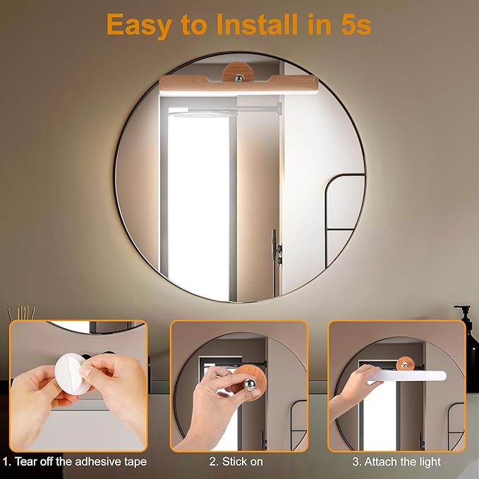 Benreom 2 Pack Rechargeable Vanity Lights for Mirror, Light Wood | 4000mAh Battery, Touch Dimming, 3 Color Modes and 360° Adjustable Magnetic Design for Makeup Mirrors and Bathrooms