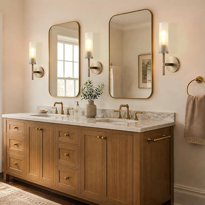 15" Hardwired Frosted Glass 2 PC Bathroom Wall Sconces, Handmade Knurled Brass Wall Light Fixture,Modern Vanity Light for Living Room,Hallway, Bedroom, Indoor Sconces