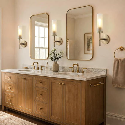 15" Hardwired Frosted Glass Bathroom Wall Sconces, Handmade Knurled Brass Wall Light Fixture,Modern Vanity Light for Living Room,Hallway, Bedroom, Indoor Sconces