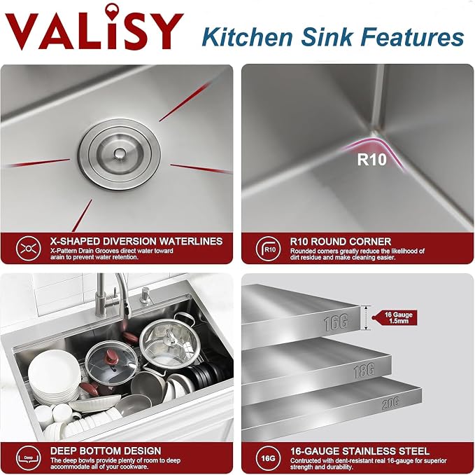 33x22 Drop in Kitchen Sink, SUS304 Stainless Steel Top Mount Workstation Sink, 16 Gauge Brushed Nickel Single Bowl Kitchen Sinks with Accessories for Kitchen Laundry Utility