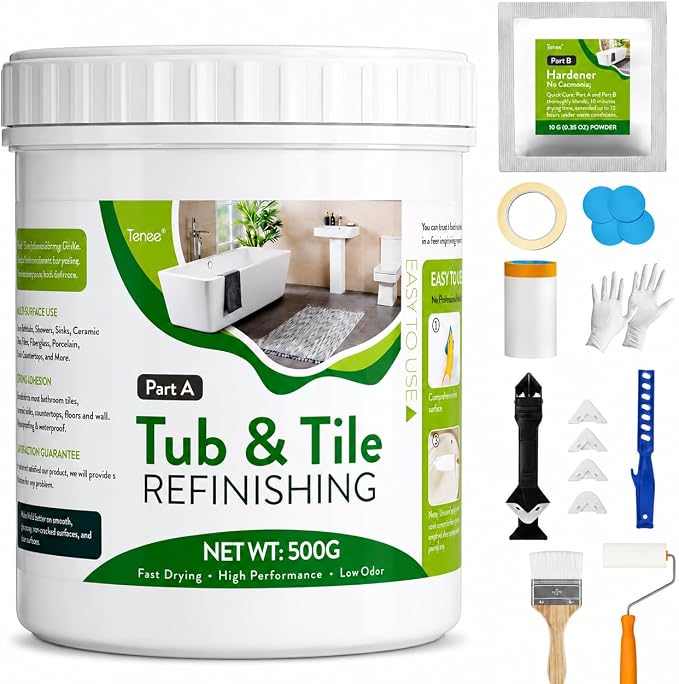17 oz White Tub and Tile Paint, Semi-Gloss Refinishing Kit | Includes 8 Tools for Refinishing Tubs, Sinks and Tiles. Low Odor Formula Covers up to 30 Sq Ft.