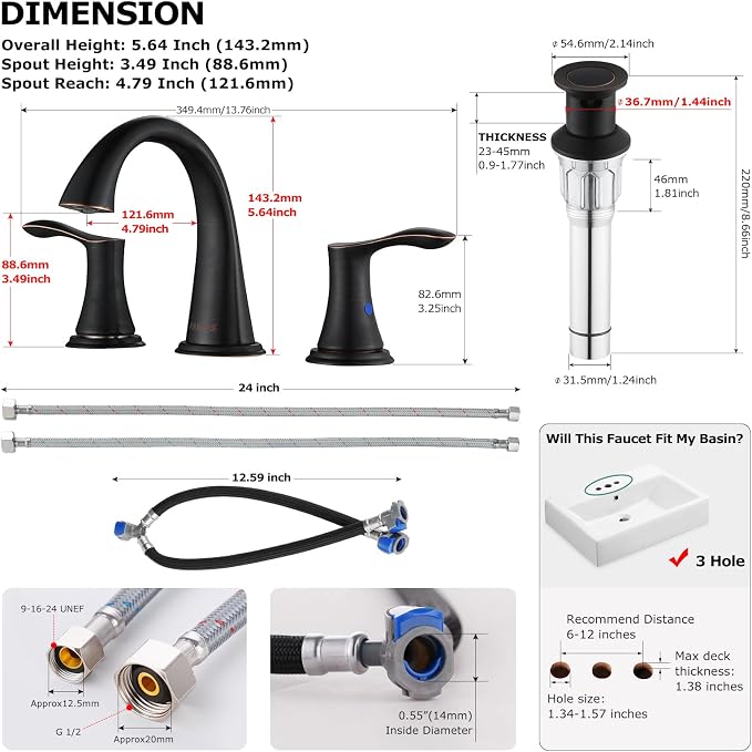 Bathroom Sink Faucet 8 Inch Widespread for Vanity, Oil Rubbed Bronze | Mid Arc Brass Spout, 2 Handle Lead-Free Bathroom Faucet with Metal Pop Up Drain Supply Lines for 3 Hole Lavatory Utility Sink