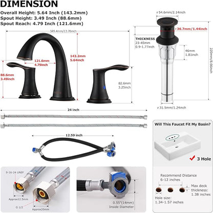 Bathroom Sink Faucet 8 Inch Widespread for Vanity, Oil Rubbed Bronze | Mid Arc Brass Spout, 2 Handle Lead-Free Bathroom Faucet with Metal Pop Up Drain Supply Lines for 3 Hole Lavatory Utility Sink
