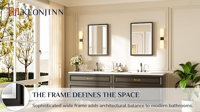 Keonjinn Black Framed Bathroom Mirrors for Over Sink 20" x 30", Aluminum | Safe Tempered Glass, Effortless French Cleat Installation, Clear Reflection, Modern Farmhouse, Black Vanity Mirror for Wall