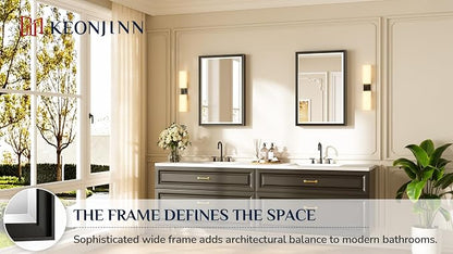Keonjinn Black Framed Bathroom Mirrors for Over Sink 20" x 30", Aluminum | Safe Tempered Glass, Effortless French Cleat Installation, Clear Reflection, Modern Farmhouse, Black Vanity Mirror for Wall
