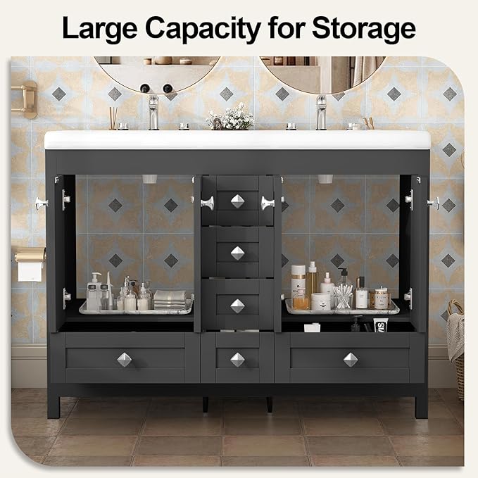 46.7 inch Bathroom Sink Vanity Combo, Large Freestanding Double Bath Vanity Sink Set with 2 Cabinets & 6 Drawers, Dual Basin Modern Bathroom Storage Cabinet, Black