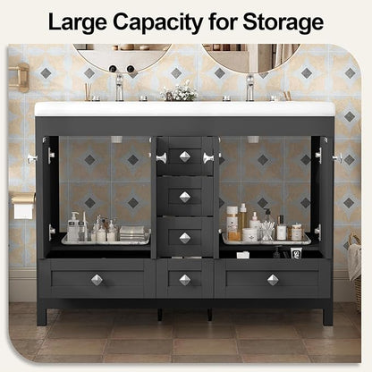 46.7 inch Bathroom Sink Vanity Combo, Large Freestanding Double Bath Vanity Sink Set with 2 Cabinets & 6 Drawers, Dual Basin Modern Bathroom Storage Cabinet, Black