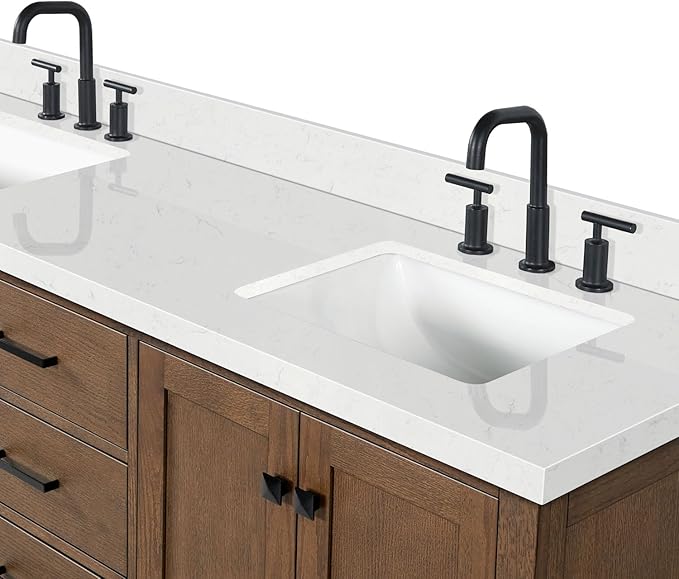 DKB Beckford 66-Inch Brown Oak Double Bathroom Vanity with Sink, 1.5-Inch Edge Carrara White Quartz Countertop & 4" Backsplash, Soft-Closing Doors & Drawers, Solid Oak Wood Construction