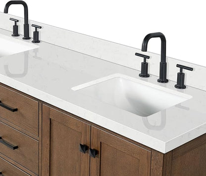 DKB Beckford 66-Inch Brown Oak Double Bathroom Vanity with Sink, 1.5-Inch Edge Carrara White Quartz Countertop & 4" Backsplash, Soft-Closing Doors & Drawers, Solid Oak Wood Construction