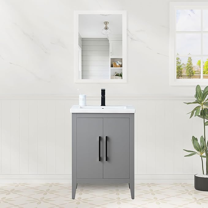 HomeBeyond 24 Inch Bathroom Vanity with Sink & Ceramic Top, Single Vanity Cabinet with Basin, Soft-Closing Doors & Matte Black Hardware, Grey