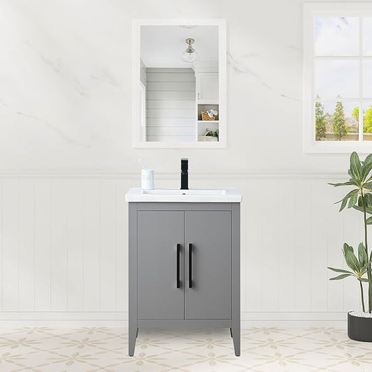 HomeBeyond 24 Inch Bathroom Vanity with Sink & Ceramic Top, Single Vanity Cabinet with Basin, Soft-Closing Doors & Matte Black Hardware, Grey