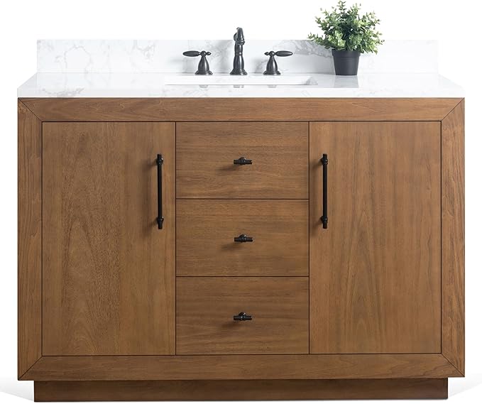 HOMEBEYOND 48" Bathroom Vanity with Single Sink & Ceramic Top, MDF Material Vanity Cabinet with Basin Combo, Soft-Closing Doors, Removable Shelf, Backsplash, Tan