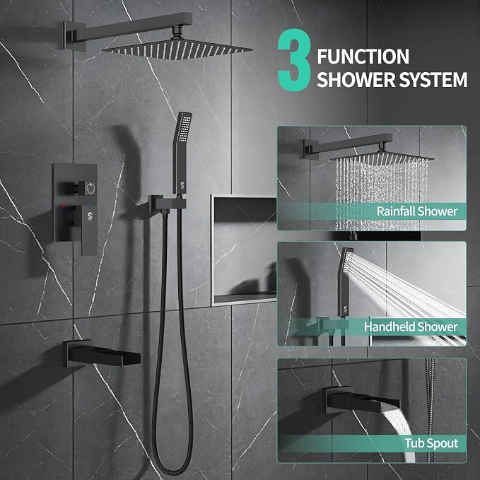 SR SUN RISE 10 Inch All Metal Square Shower System with Tub Spout, Tub Shower Faucet Set, High Pressure Rain Shower Head and Handheld Sprayer Shower Fixtues, Valve Included, Matte Black