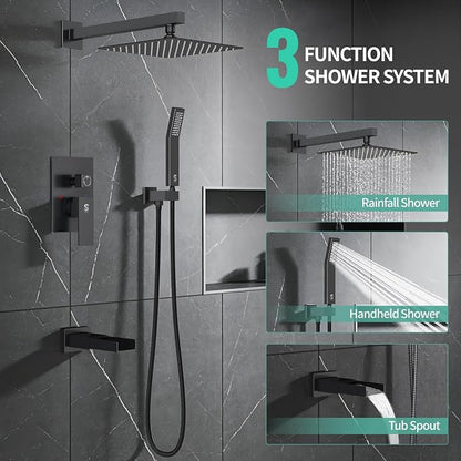 SR SUN RISE 10 Inch All Metal Square Shower System with Tub Spout, Tub Shower Faucet Set, High Pressure Rain Shower Head and Handheld Sprayer Shower Fixtues, Valve Included, Matte Black