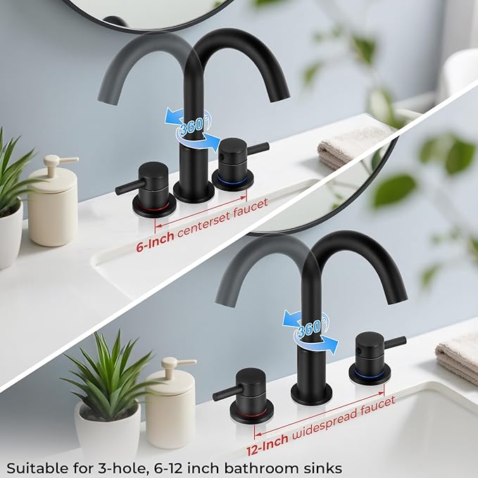 Bathroom Faucet 3 Hole, Matte Black Bathroom Sink Faucet with Pop Up Drain, 8 inch Widespread Bathroom Faucet with 360° Swivel Spout, 2 Handle Vanity Faucet with Water Supply Hoses