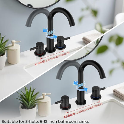 Bathroom Faucet 3 Hole, Matte Black Bathroom Sink Faucet with Pop Up Drain, 8 inch Widespread Bathroom Faucet with 360° Swivel Spout, 2 Handle Vanity Faucet with Water Supply Hoses