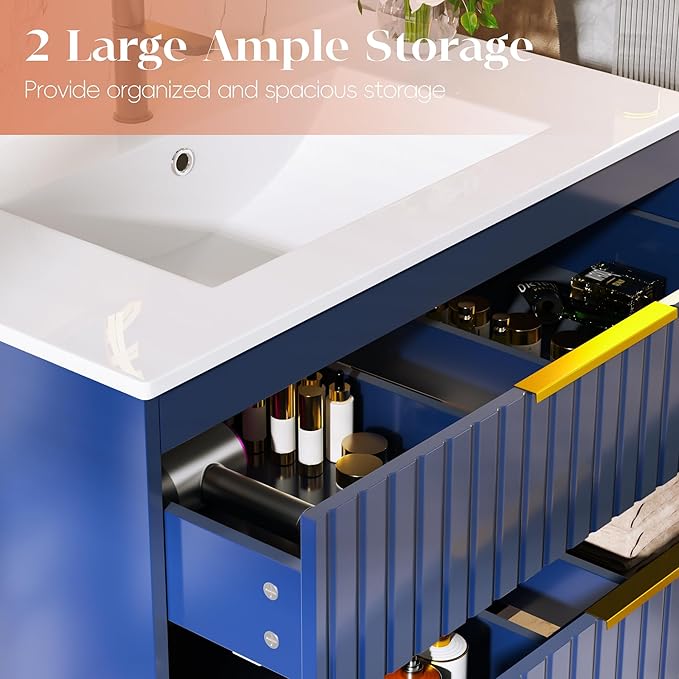 36" Bathroom Vanity with Sink, Floating Vanity Bathroom Sink Cabinet Wall Mount, Soft-Close Function 2 Large Drawers, Grooved Stripe Design, Hidden Damping Drawers, Blue
