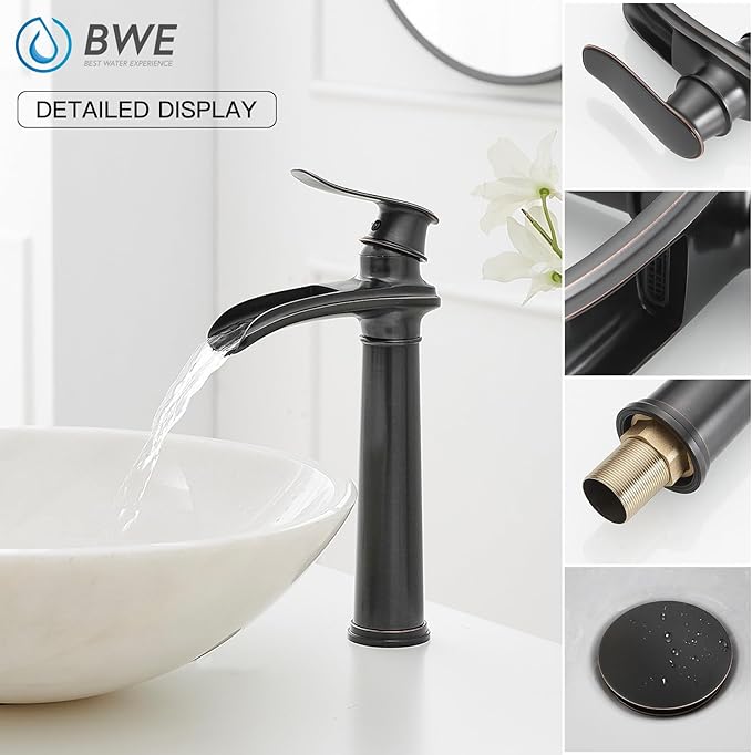 BWE Bathroom Vessel Sink Faucet Waterfall Spout Single Handle One Hole Oil Rubbed Bronze Tall Vessel Lavatory Vanity Faucet with Pop Up Drain Assembly and Supply Hose