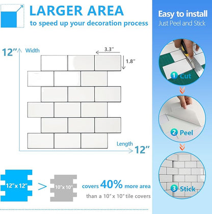 STICKGOO Subway Tile Peel and Stick Backsplash, Thicker Design 12" x 12" Stick on Backsplash Tiles for Kitchen, Bathroom, Wall Tile (10 Sheets, Warm White with Grey Grout)