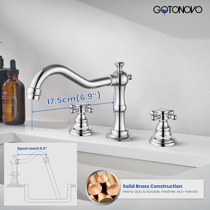 gotonovo 3 Hole Widespread Bathroom Sink Faucet Double Cross Handle Mixer Tap Faucet for Bathroom Sink Vanity Faucet Deck Mount Basin Hot Cold Water Matching Pop Up Drain Polished Chrome