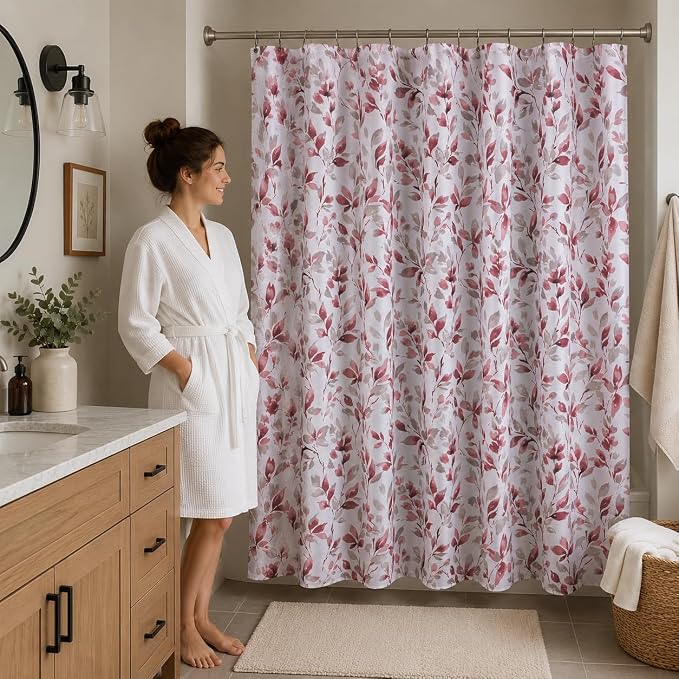 Hotel Quality Fabric Bathroom Shower Curtain: Floral Leaf Damask - Pink, Gray and White (72 x 70 inches)