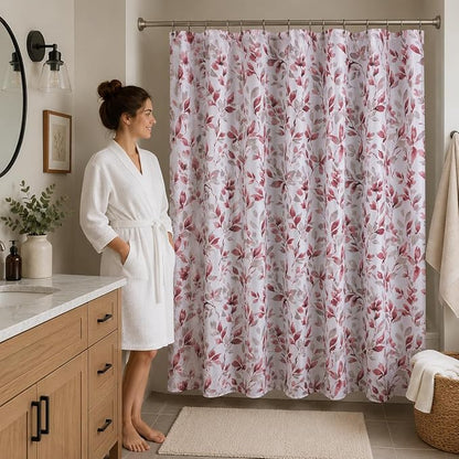 Hotel Quality Fabric Bathroom Shower Curtain: Floral Leaf Damask - Pink, Gray and White (72 x 70 inches)