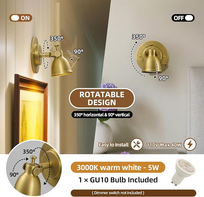Gold Small Wall Sconce Hardwired Single - Vintage Brass Mini Bell Light | Adjustable Art Deco Fixture with Dimmable Bulb, for Bedside Reading Bedroom Hallway Kitchen Bathroom Vanity Picture Light