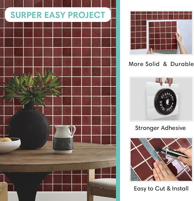 Commomy Thicker Red Peel and Stick Tiles - 10 pcs of 12" x 12" | 3D Adhesive Square Peel and Stick Tiles Backsplash for Kitchen, Bathroom, Removable, Waterproof, Vinyl Wall Tile