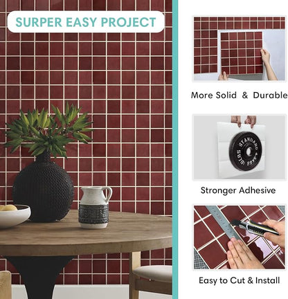 Commomy Thicker Red Peel and Stick Tiles - 10 pcs of 12" x 12" | 3D Adhesive Square Peel and Stick Tiles Backsplash for Kitchen, Bathroom, Removable, Waterproof, Vinyl Wall Tile