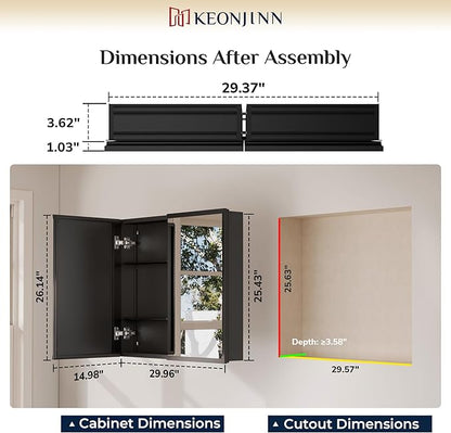 Keonjinn Medicine Cabinet Mirror 30" x 26", Assembly Needed, Black Bathroom Mirror with Storage, Beveled Aluminum Frame, Stepless Adjustable Shelves, Surface Mount or in Wall