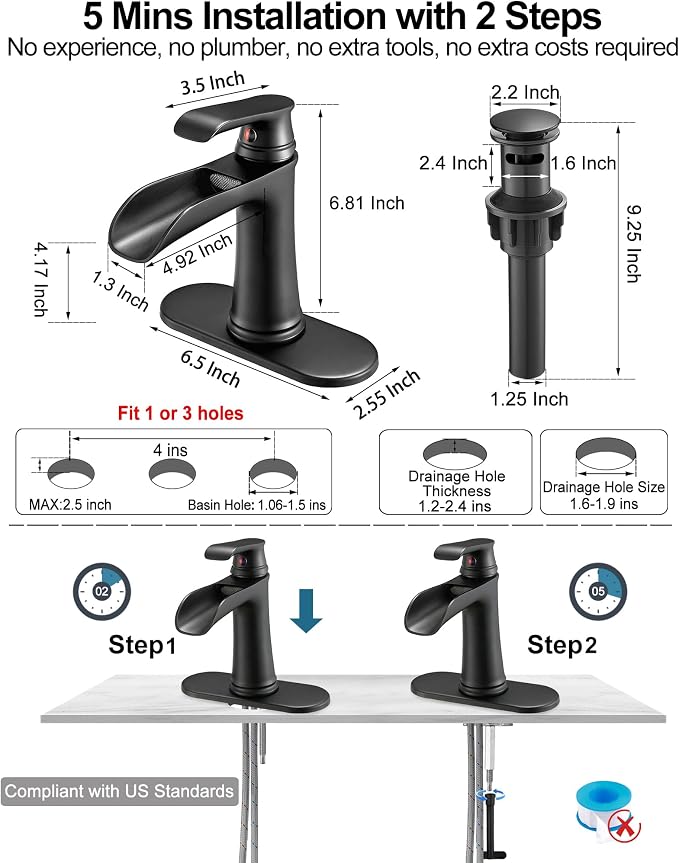Bathroom Waterfall Faucet, Brass Matte Black Bathroom Faucet, One Handle Bathroom Faucets for Sink 1 Hole or 3 Holes, 4 Inch Bathroom Sink Faucet with Drain Deck Plate Supply Hoses for Lavatory