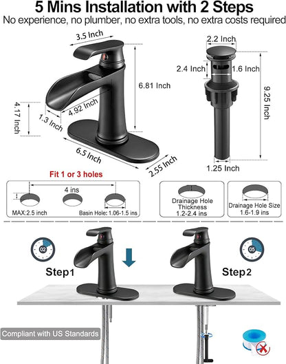 Bathroom Waterfall Faucet, Brass Matte Black Bathroom Faucet, One Handle Bathroom Faucets for Sink 1 Hole or 3 Holes, 4 Inch Bathroom Sink Faucet with Drain Deck Plate Supply Hoses for Lavatory