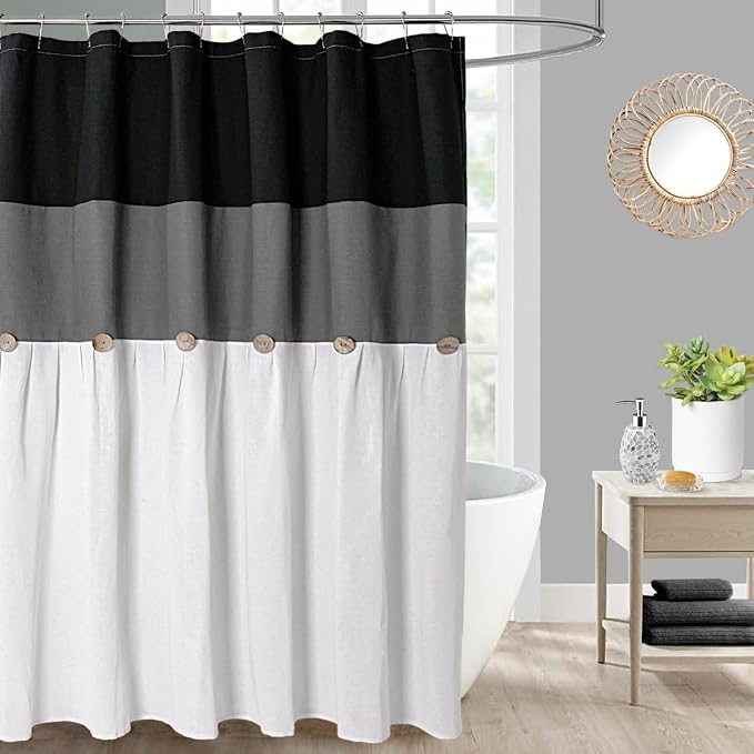 DOSLY Ides Farmhouse Cotton Button Black Gray Shower Curtain, Pleated White Cotton Blend Woven Fabric, Country Style, 72x72 in for Bathroom