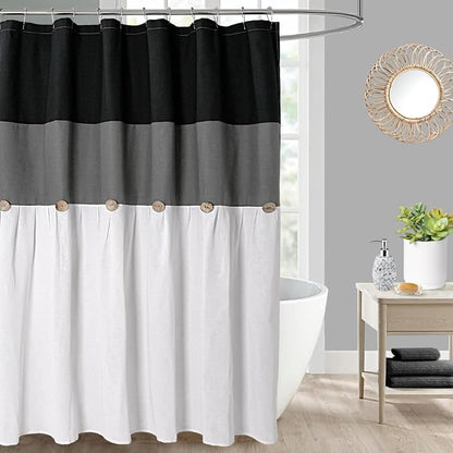 DOSLY Ides Farmhouse Cotton Button Black Gray Shower Curtain, Pleated White Cotton Blend Woven Fabric, Country Style, 72x72 in for Bathroom