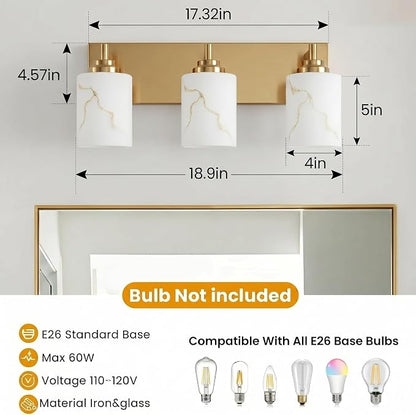 3-Light Bathroom Light Fixture, Gold Modern Vanity Light with White Marble Glass Shade, for Bathroom Mirror, Living Room, Bedroom, Hallway, E26 Base, Extended Base